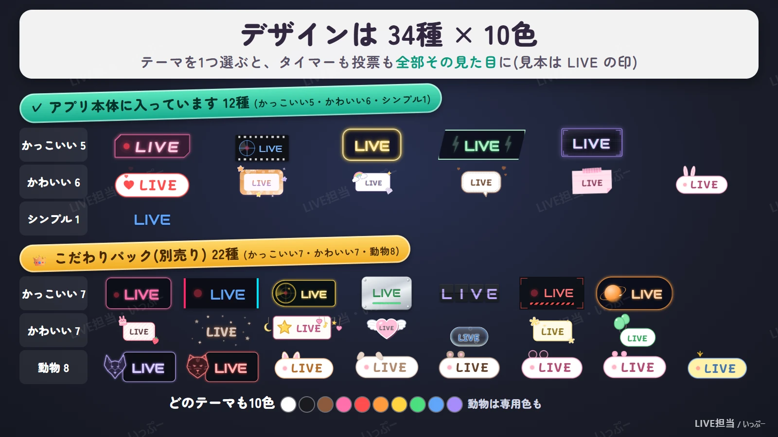 デザインは34種×10色(アプリ本体12種+こだわりパック22種)