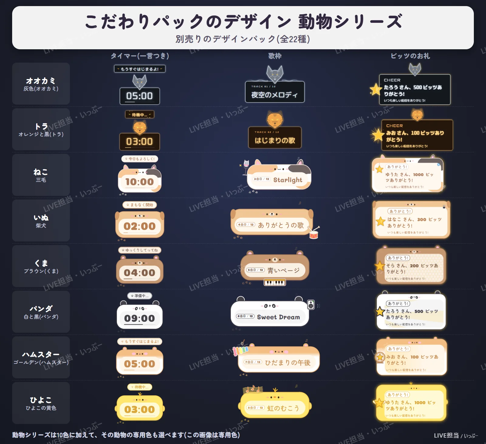 LIVE担当 こだわりパックのデザイン 動物シリーズ(タイマー・歌枠・ビッツのお礼)
