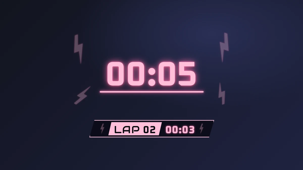 ストップウォッチ 00:05 と区間 LAP 02(サンダー)